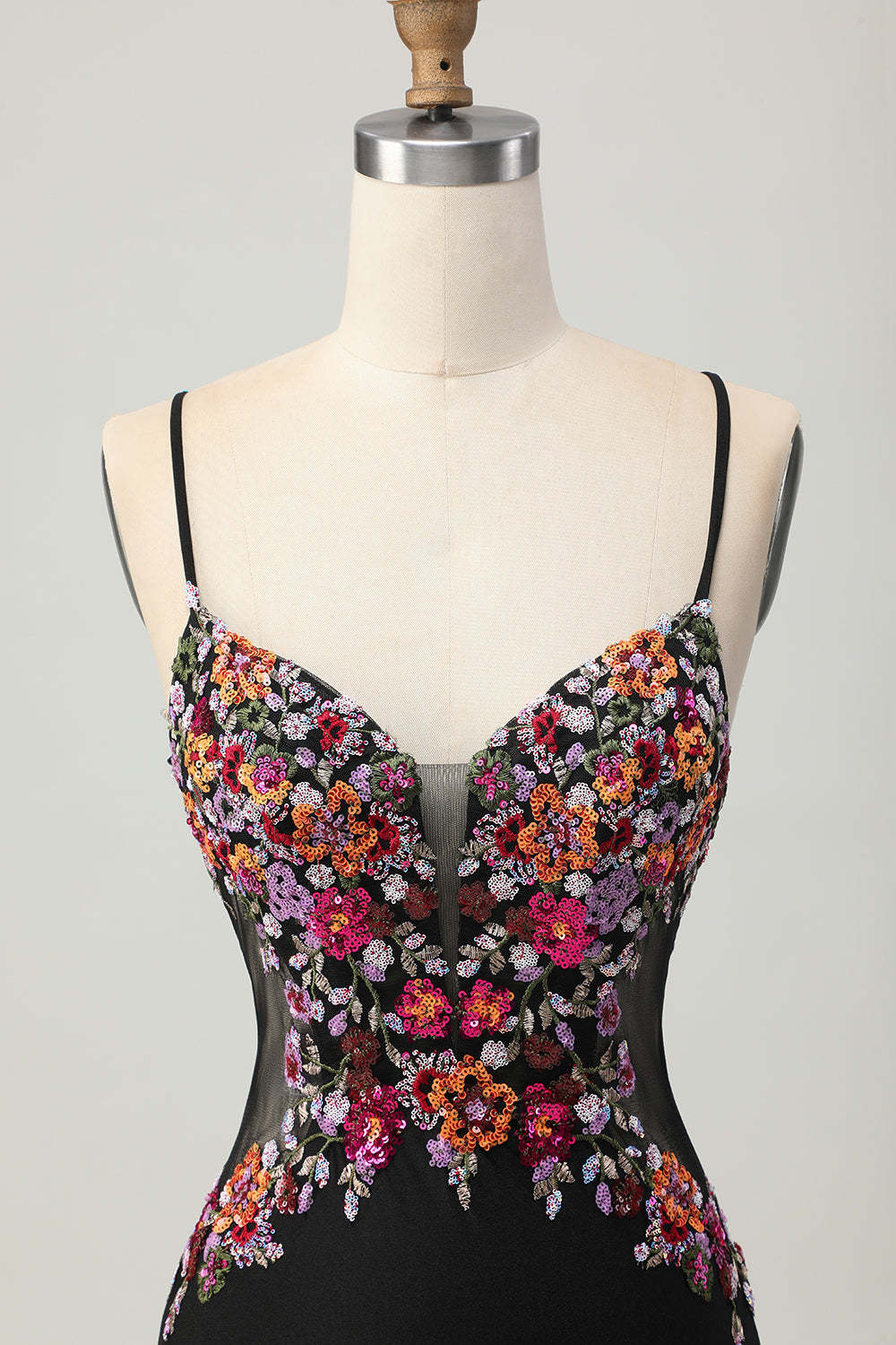 Floral Black Bodycon Spaghetti Straps Short Corset Homecoming Dress with Sequins
