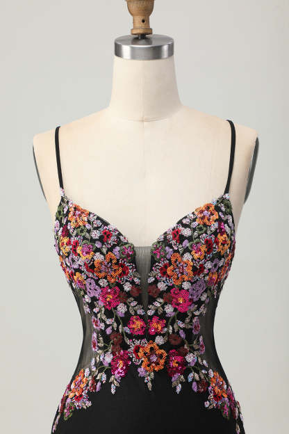 Floral Black Bodycon Spaghetti Straps Short Corset Homecoming Dress with Sequins