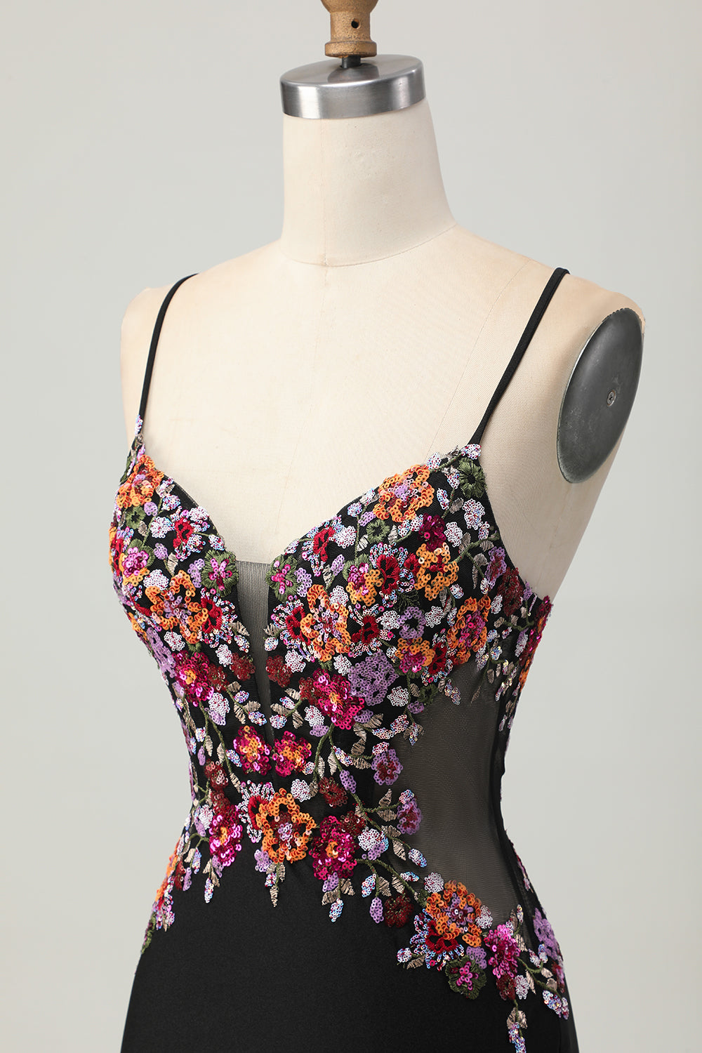Floral Black Bodycon Spaghetti Straps Short Corset Homecoming Dress with Sequins