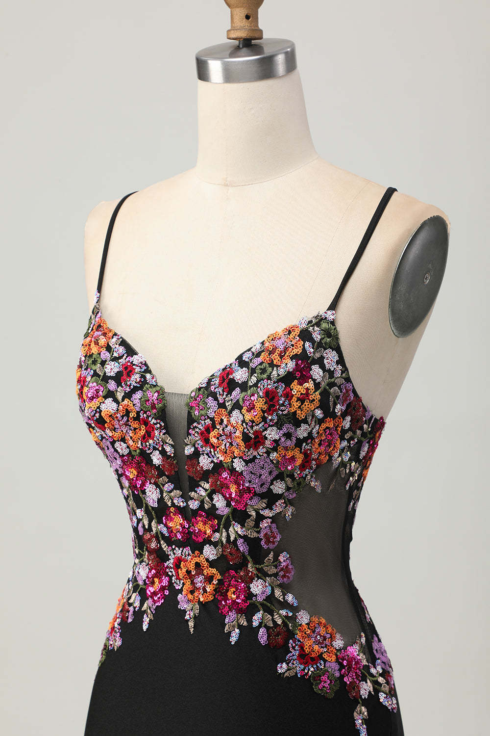 Floral Black Bodycon Spaghetti Straps Short Corset Homecoming Dress with Sequins