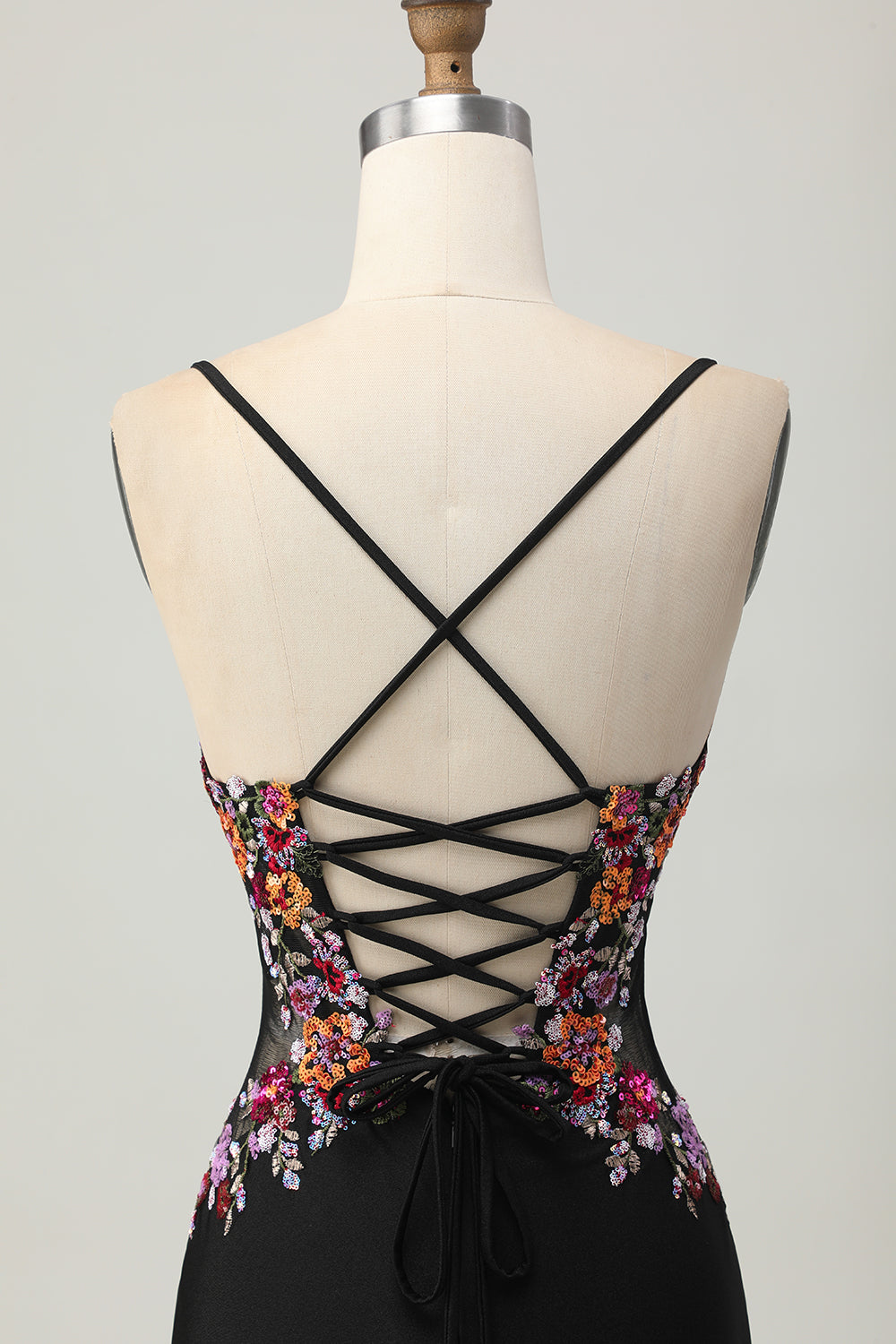 Floral Black Bodycon Spaghetti Straps Short Corset Homecoming Dress with Sequins