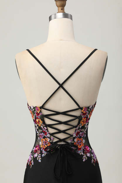 Floral Black Bodycon Spaghetti Straps Short Corset Homecoming Dress with Sequins
