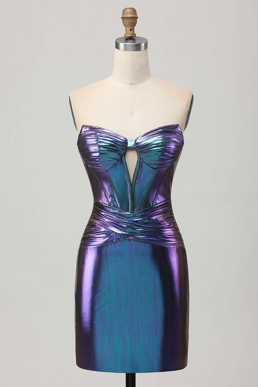 Leely Women Metallic Blue Purple Short Corset Homecoming Dress Strapless Tight Keyhole Lace-Up Back Cocktail Dress