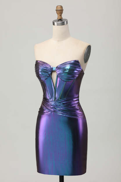 Metallic Blue Purple Tight Keyhole Short Corset Homecoming Dress