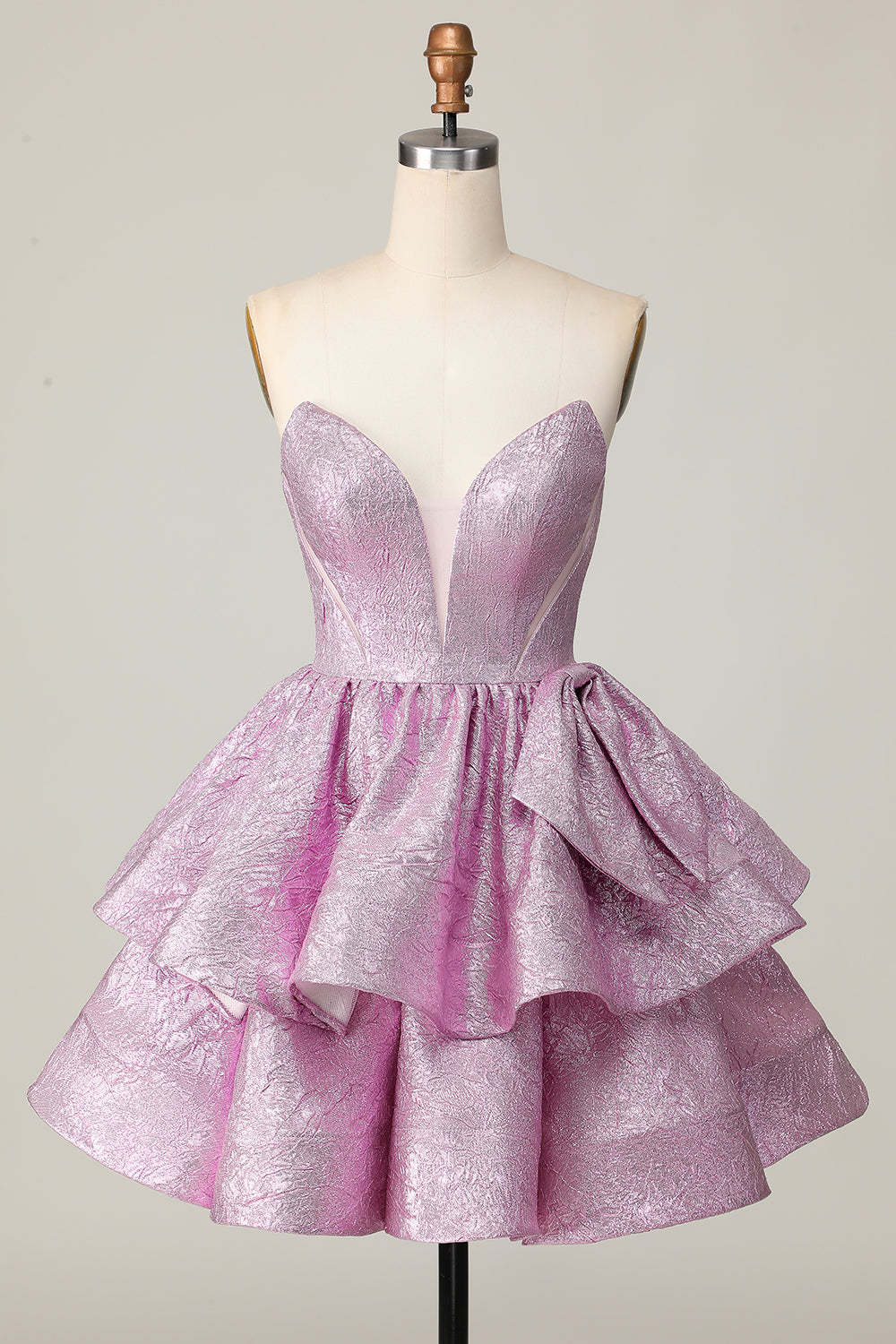 Light Purple A Line Strapless Short Metallic Homecoming Dress with Bow