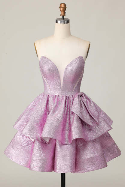 Light Purple A Line Strapless Short Metallic Homecoming Dress with Bow