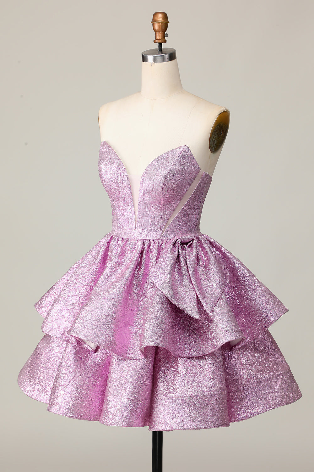 Light Purple A Line Strapless Short Metallic Homecoming Dress with Bow
