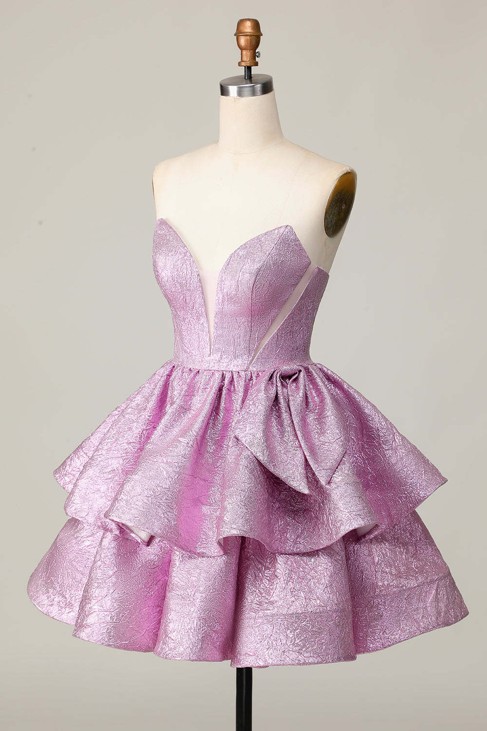 Light Purple A Line Strapless Short Metallic Homecoming Dress with Bow