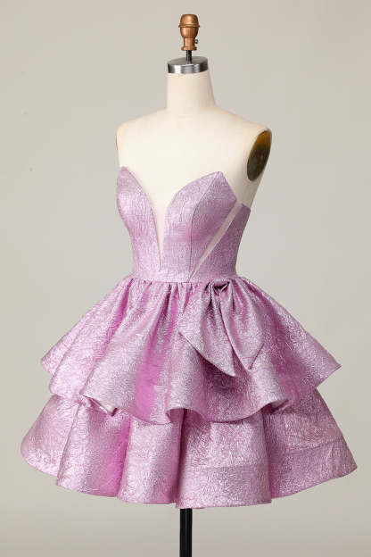 Light Purple A Line Strapless Short Metallic Homecoming Dress with Bow