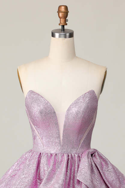 Light Purple A Line Strapless Short Metallic Homecoming Dress with Bow