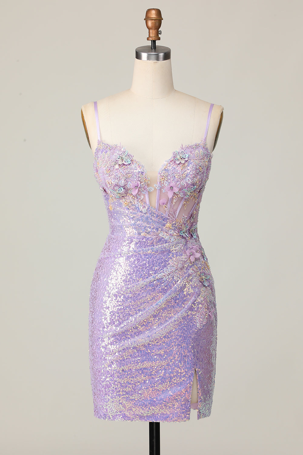 Sparkly Lilac Corset Sequins Tight Short Homecoming Dress with Applique