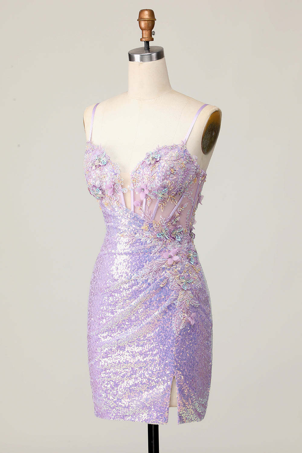 Sparkly Lilac Corset Sequins Tight Short Homecoming Dress with Applique