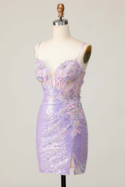 Sparkly Lilac Corset Sequins Tight Short Homecoming Dress with Applique