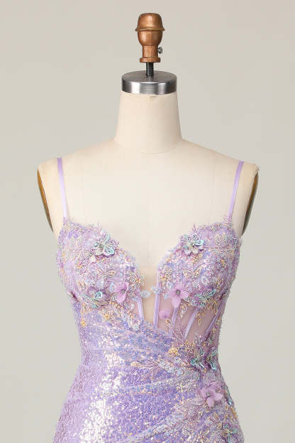 Sparkly Lilac Corset Sequins Tight Short Homecoming Dress with Applique