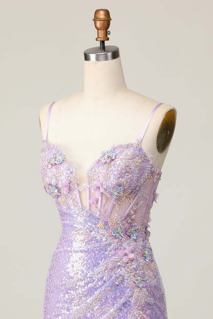 Sparkly Lilac Corset Sequins Tight Short Homecoming Dress with Applique