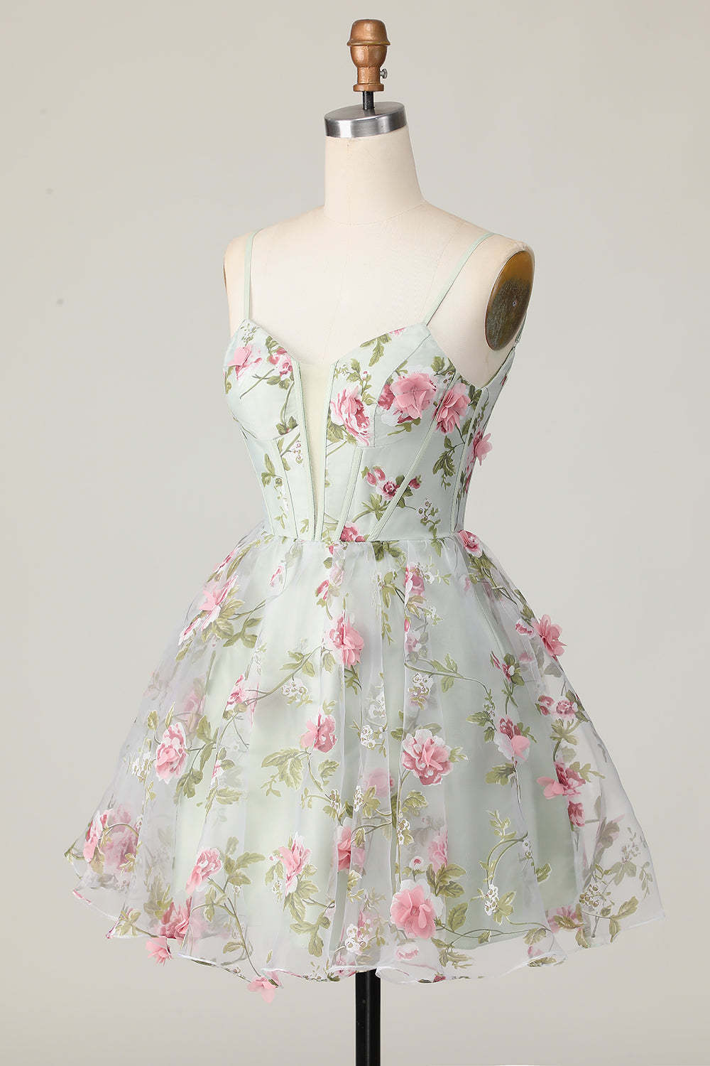 Sage Flower Corset Spaghetti Straps Short A Line Homecoming Dress