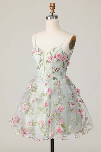 Sage Flower Corset Spaghetti Straps Short A Line Homecoming Dress