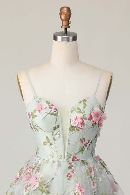 Sage Flower Corset Spaghetti Straps Short A Line Homecoming Dress