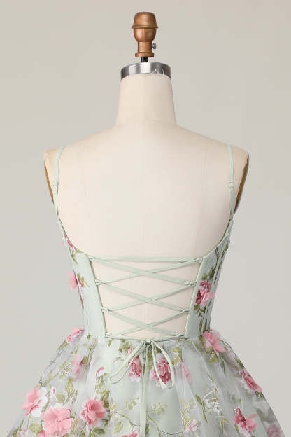 Sage Flower Corset Spaghetti Straps Short A Line Homecoming Dress