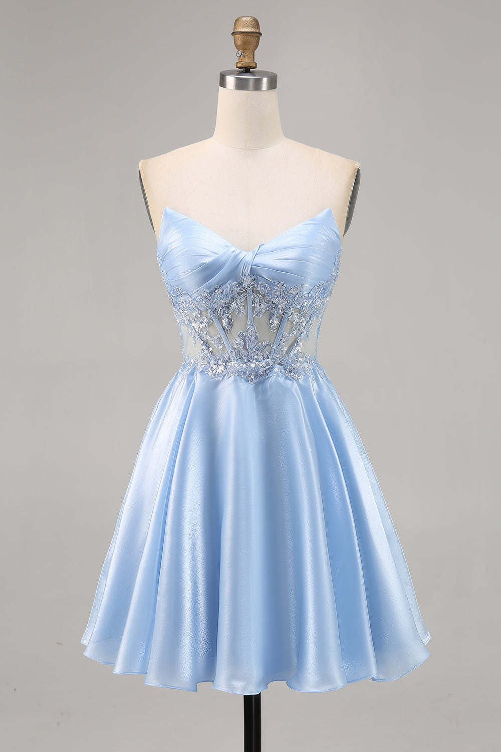 Leely Women Sparkly Light Blue Strapless Short Homecoming Dress with Sequins Satin A Line Ruched Corset Cocktail Party Dress
