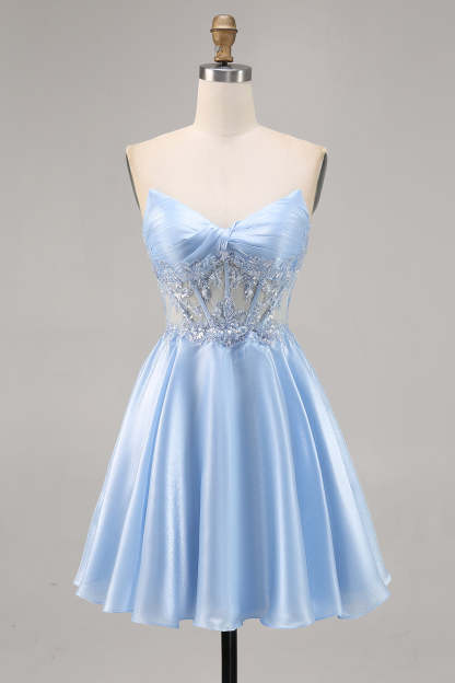 Leely Women Sparkly Light Blue Strapless Short Homecoming Dress with Sequins Satin A Line Ruched Corset Cocktail Party Dress