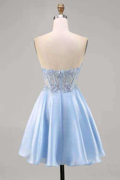 Sparkly Light Blue Satin Strapless Corset Short Homecoming Dress with Sequins