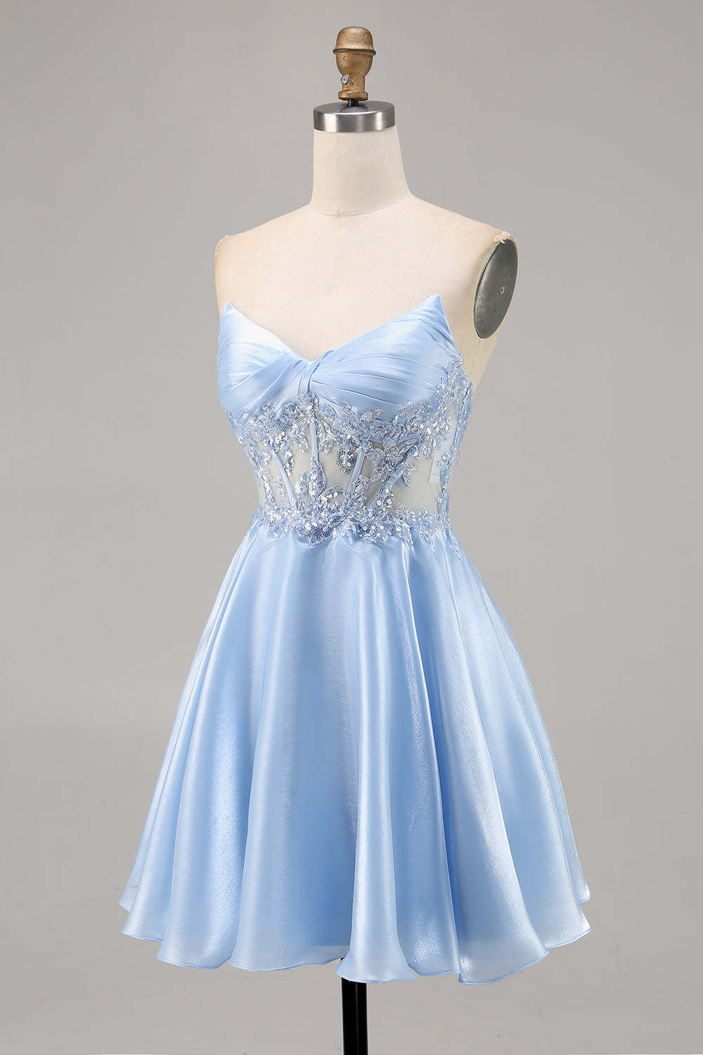 Sparkly Light Blue Satin Strapless Corset Short Homecoming Dress with Sequins