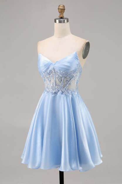 Sparkly Light Blue Satin Strapless Corset Short Homecoming Dress with Sequins