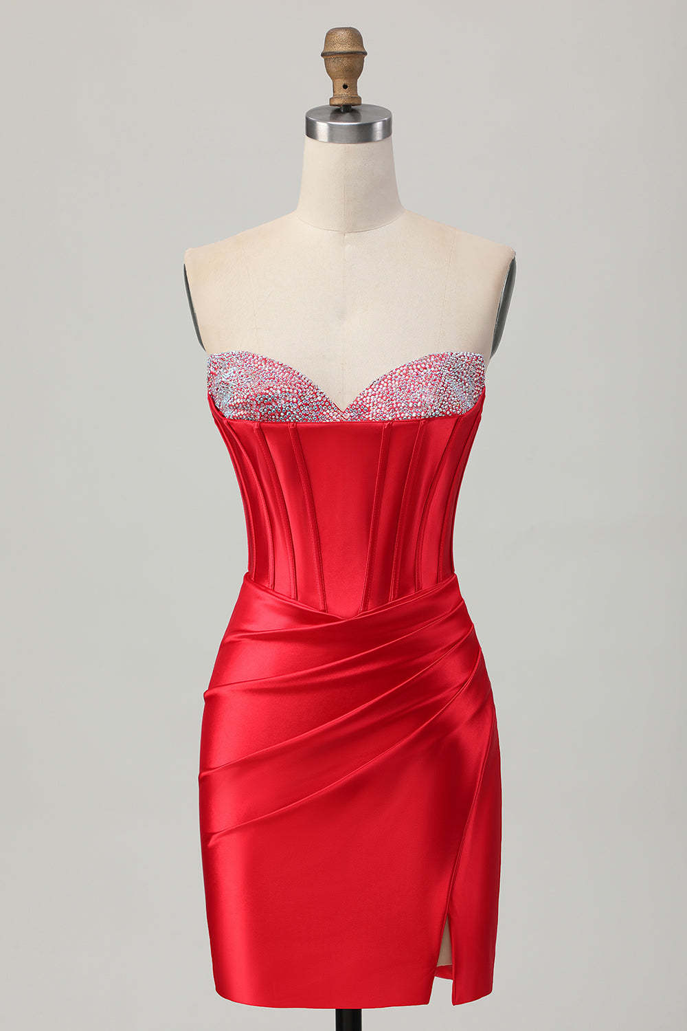 Leely Women Sparkly Red Satin Short Corset Homecoming Dress with Slit Sweetheart Beaded Ruched Cocktail Dress