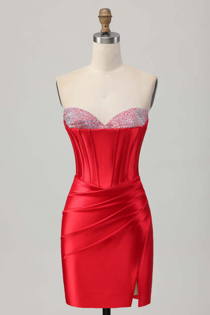 Leely Women Sparkly Red Satin Short Corset Homecoming Dress with Slit Sweetheart Beaded Ruched Cocktail Dress