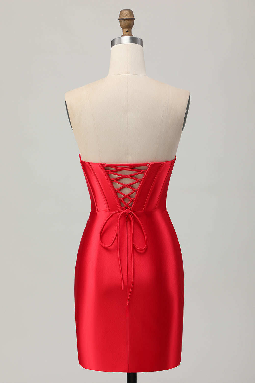 Satin Sweetheart Red Beaded Short Corset Homecoming Dress with Slit