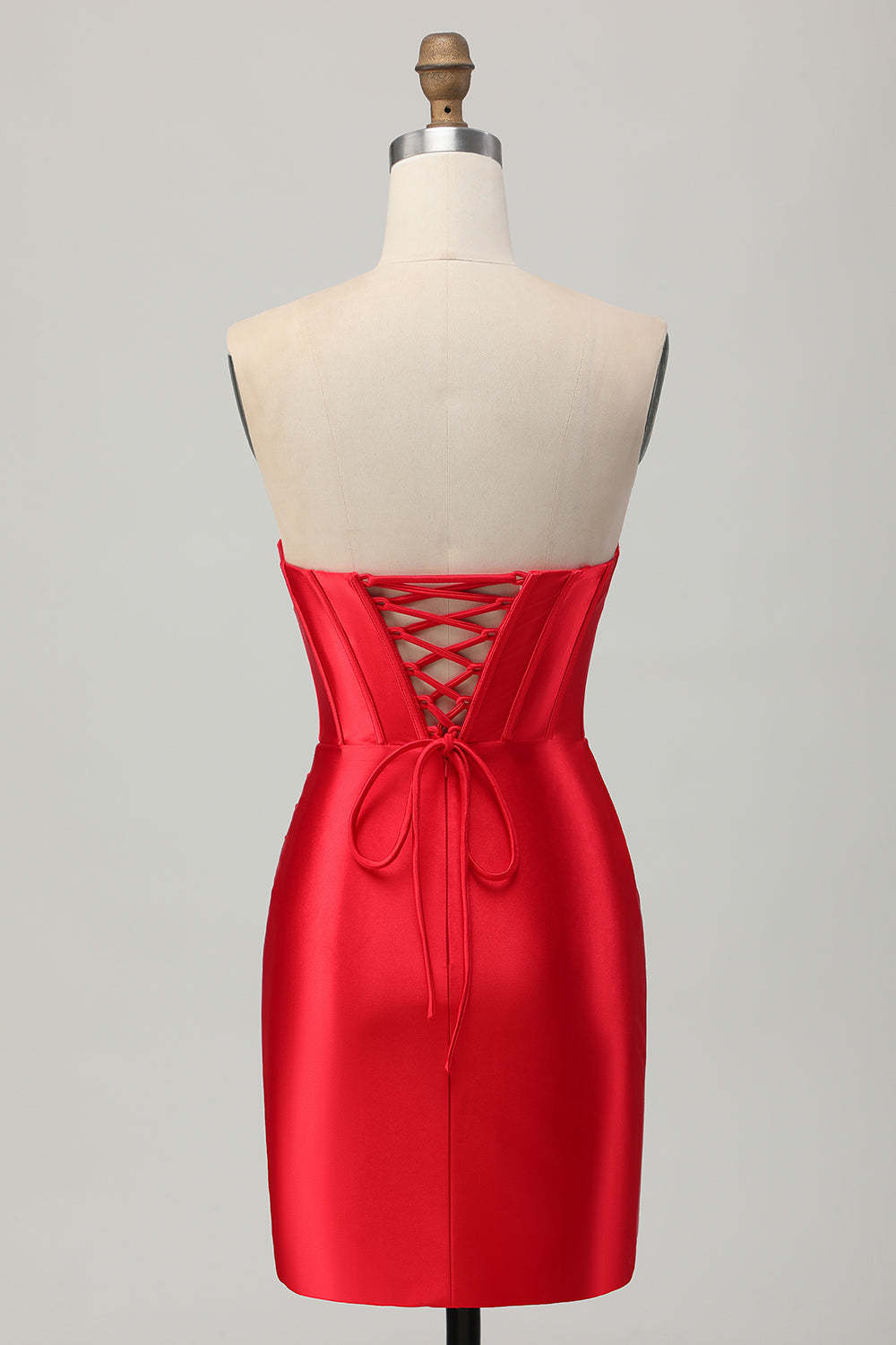 Satin Sweetheart Red Beaded Short Corset Homecoming Dress with Slit