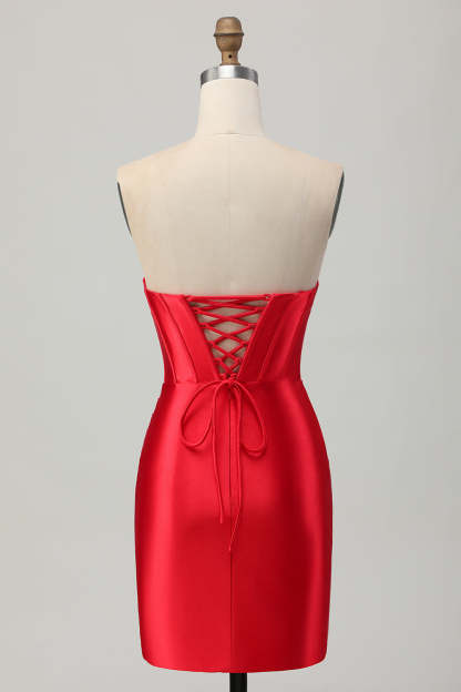 Satin Sweetheart Red Beaded Short Corset Homecoming Dress with Slit