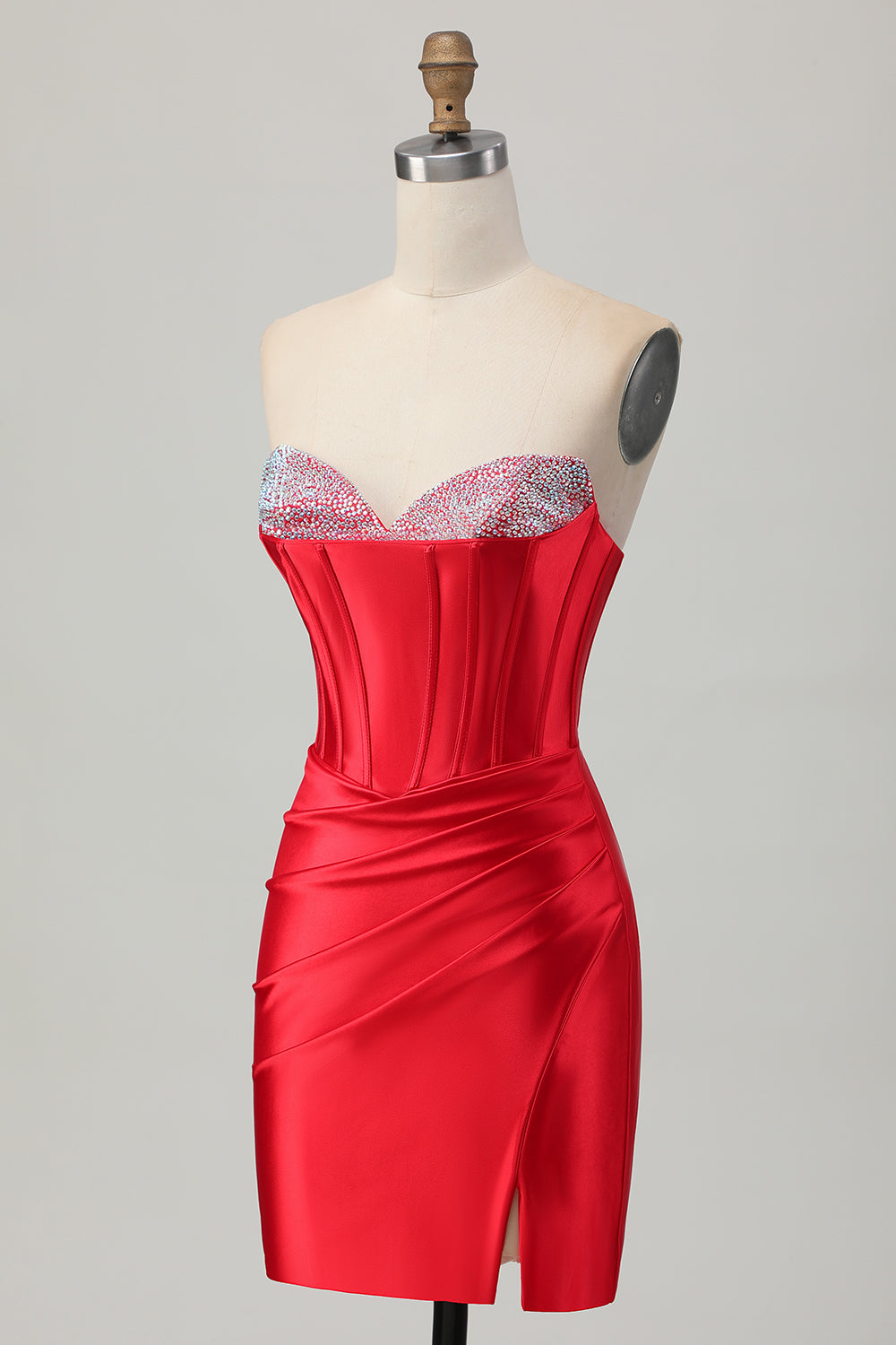 Satin Sweetheart Red Beaded Short Corset Homecoming Dress with Slit