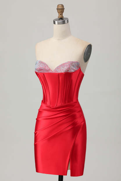 Satin Sweetheart Red Beaded Short Corset Homecoming Dress with Slit