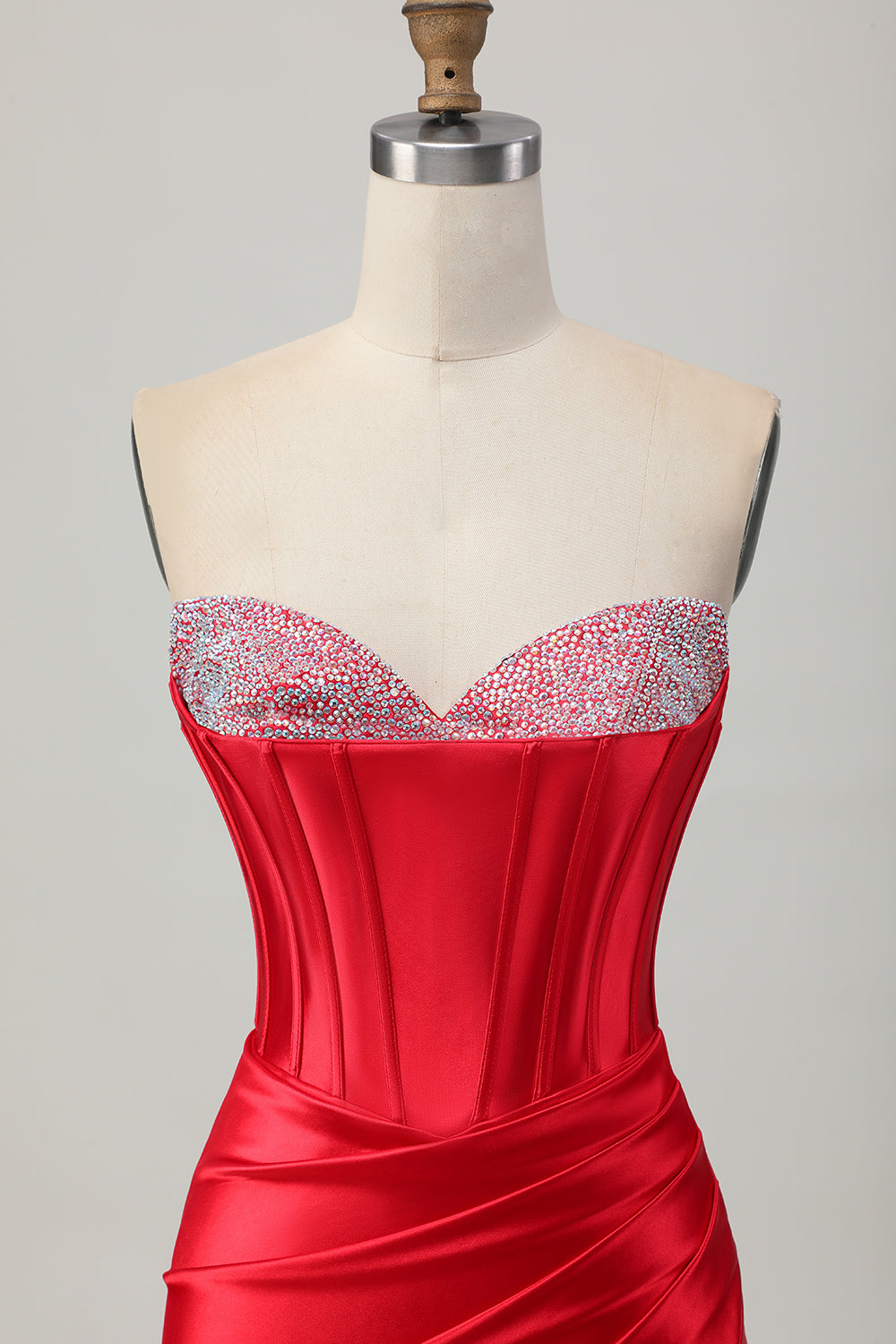 Satin Sweetheart Red Beaded Short Corset Homecoming Dress with Slit