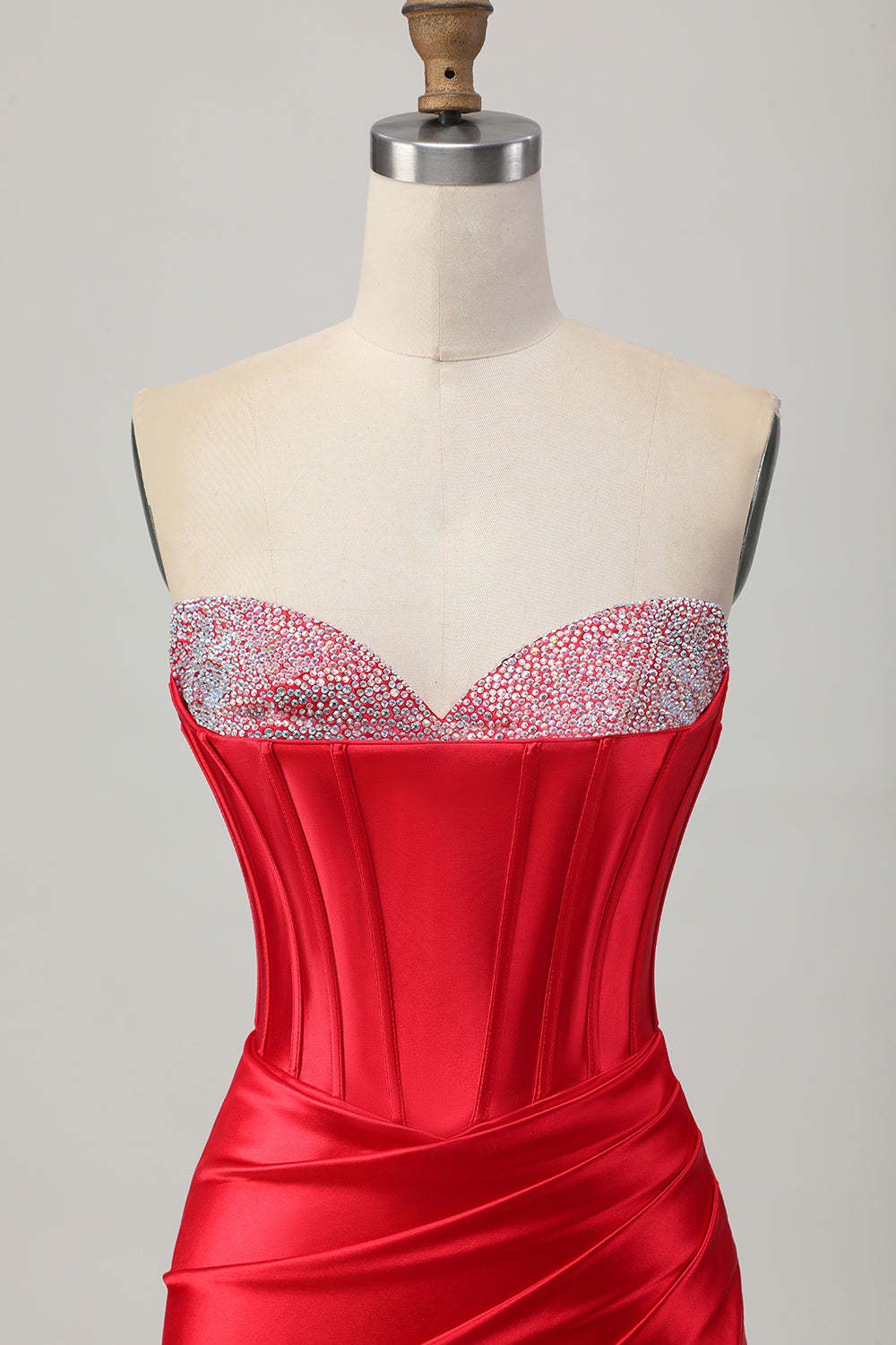 Satin Sweetheart Red Beaded Short Corset Homecoming Dress with Slit