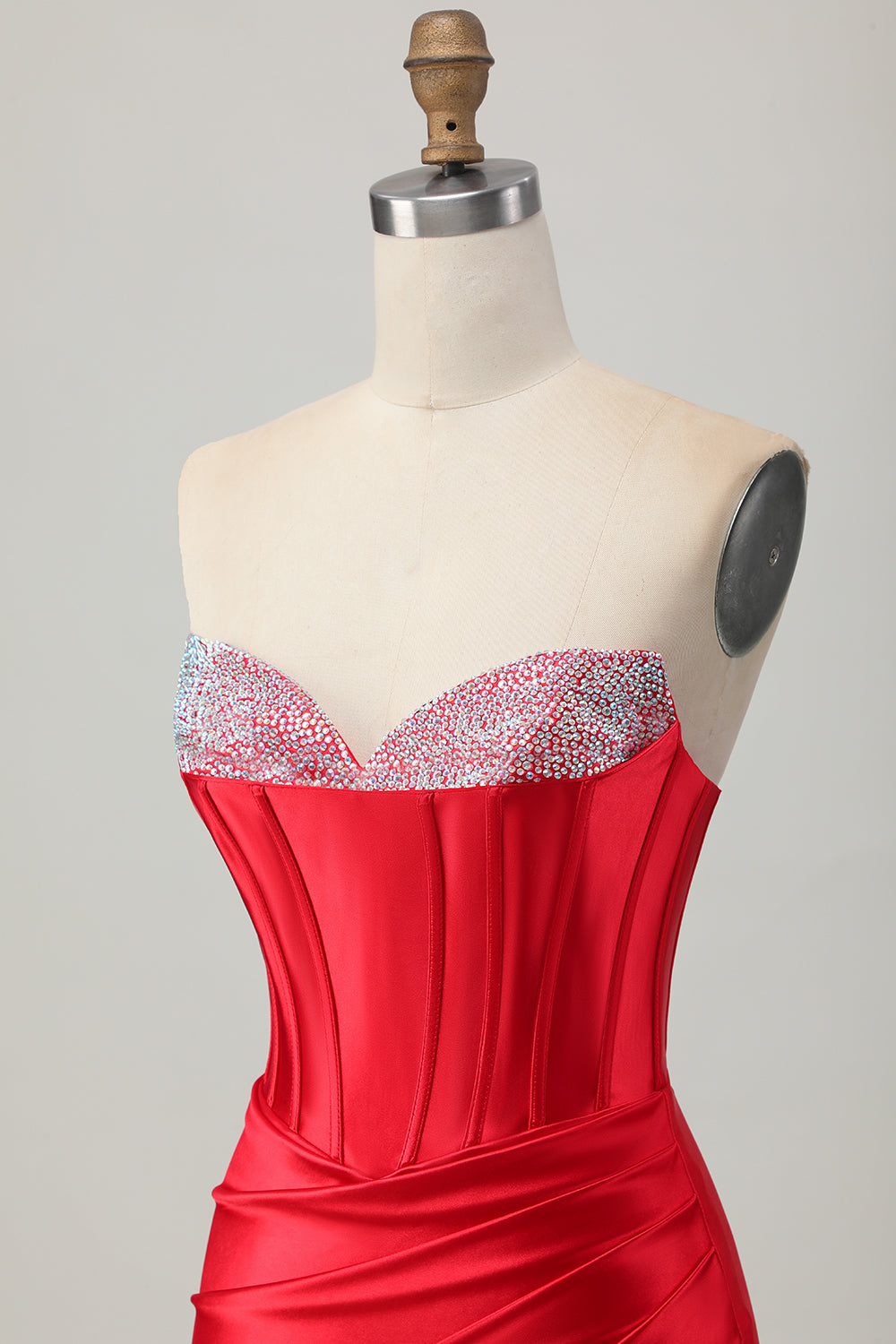 Satin Sweetheart Red Beaded Short Corset Homecoming Dress with Slit