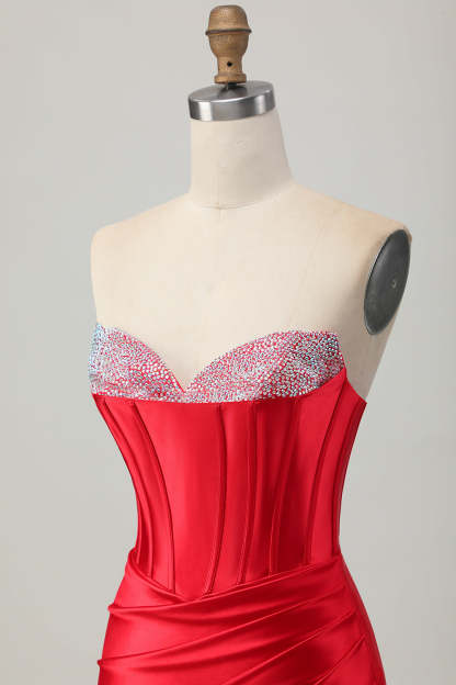 Satin Sweetheart Red Beaded Short Corset Homecoming Dress with Slit