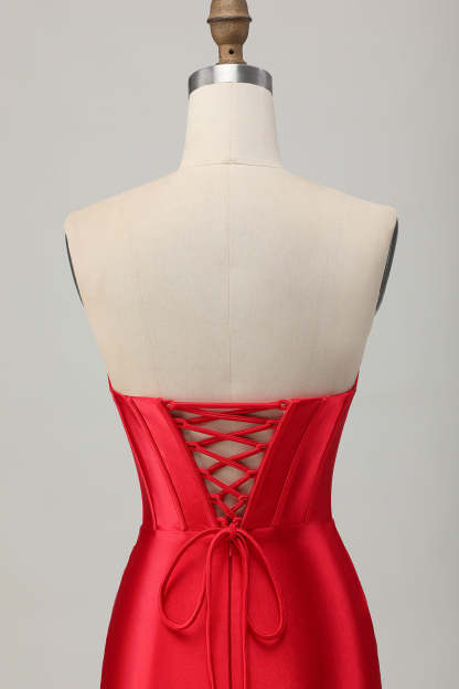Satin Sweetheart Red Beaded Short Corset Homecoming Dress with Slit