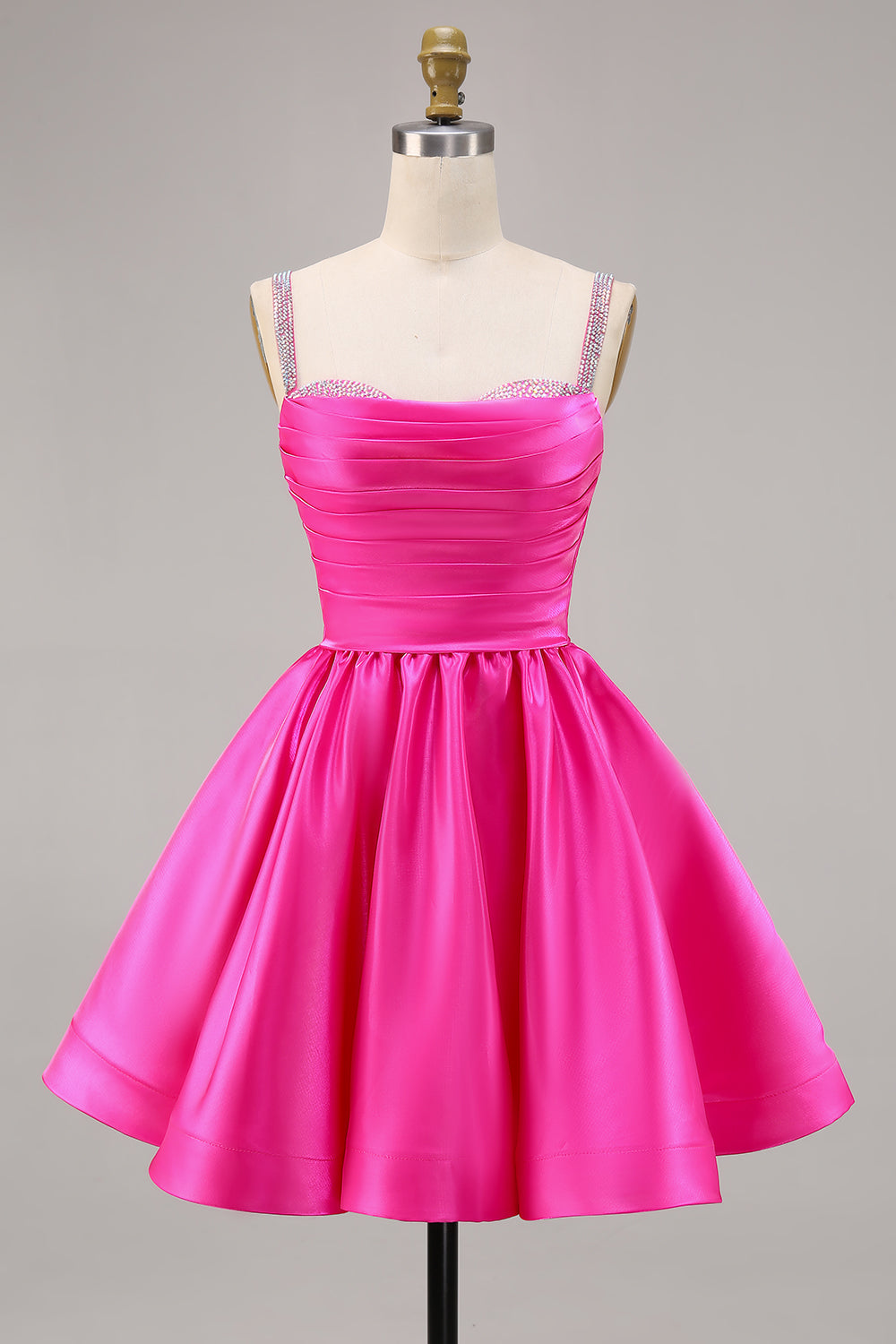 Sparkly Fuchsia Ruched Satin Short Homecoming Dress with Beading