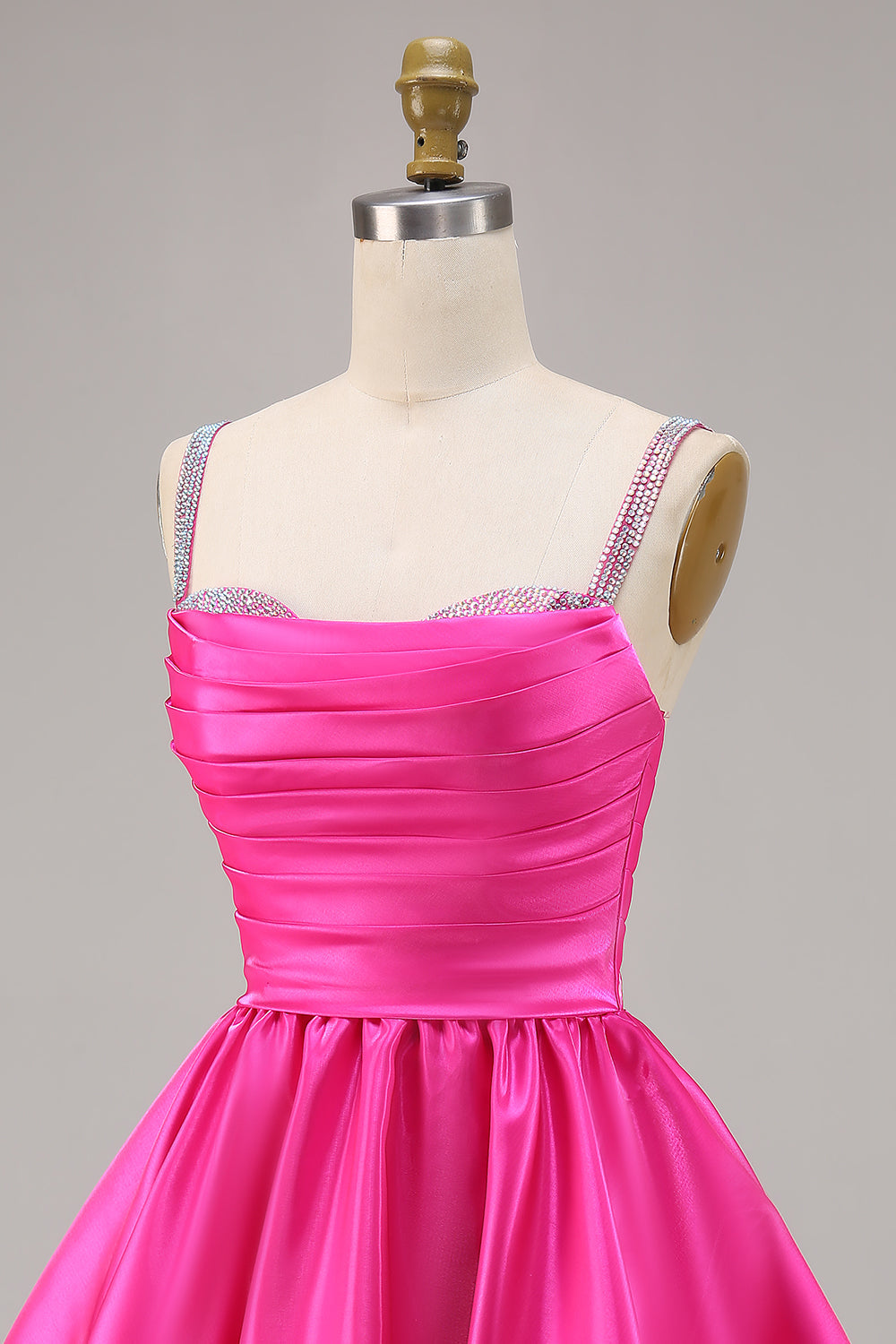 Sparkly Fuchsia Ruched Satin Short Homecoming Dress with Beading