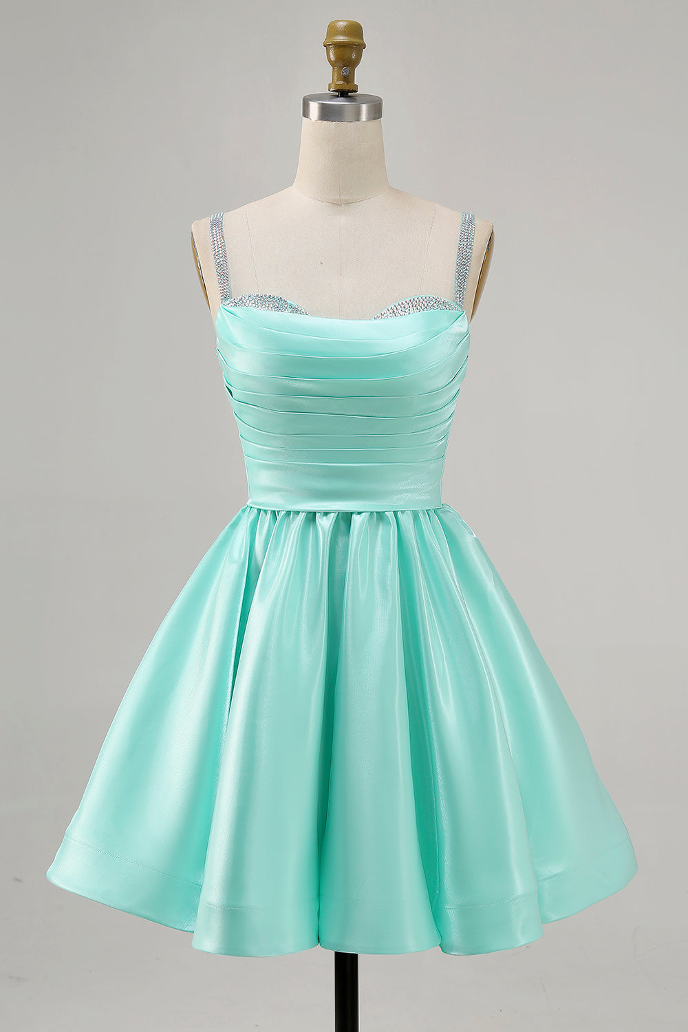 Leely Women Sparkly Mint Green Short Homecoming Dress with Beading Satin A Line Spaghetti Straps Ruched Cocktail Dress