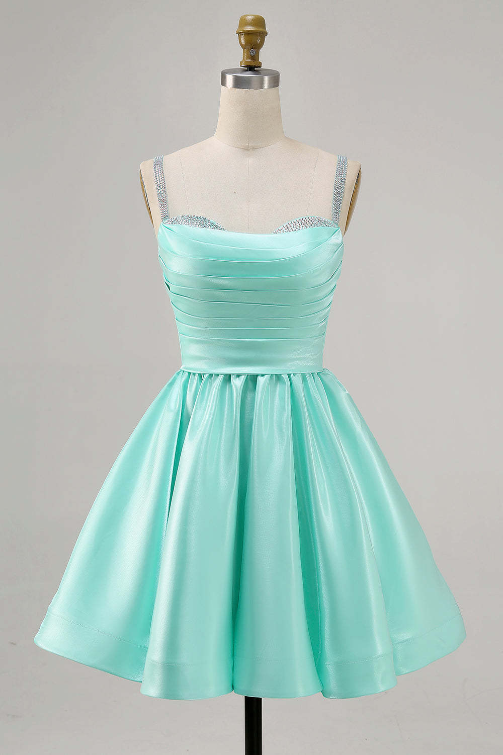 Leely Women Sparkly Mint Green Short Homecoming Dress with Beading Satin A Line Spaghetti Straps Ruched Cocktail Dress