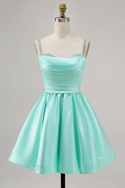Leely Women Sparkly Mint Green Short Homecoming Dress with Beading Satin A Line Spaghetti Straps Ruched Cocktail Dress