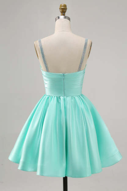 Sparkly Mint Green Short Ruched Satin Homecoming Dress with Beading