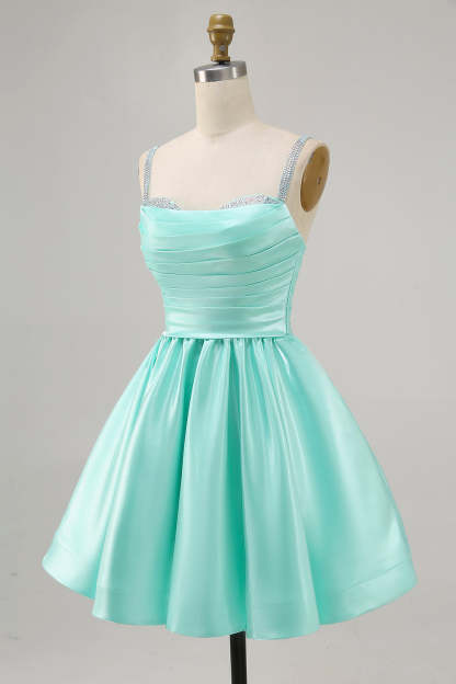 Sparkly Mint Green Short Ruched Satin Homecoming Dress with Beading