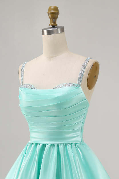 Sparkly Mint Green Short Ruched Satin Homecoming Dress with Beading