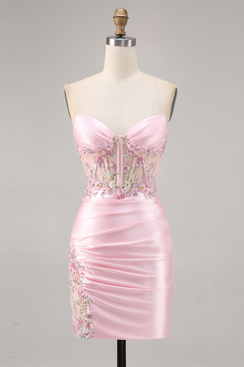 Sparkly Candy Pink Satin Floral Sequins Corset Short Homecoming Dress