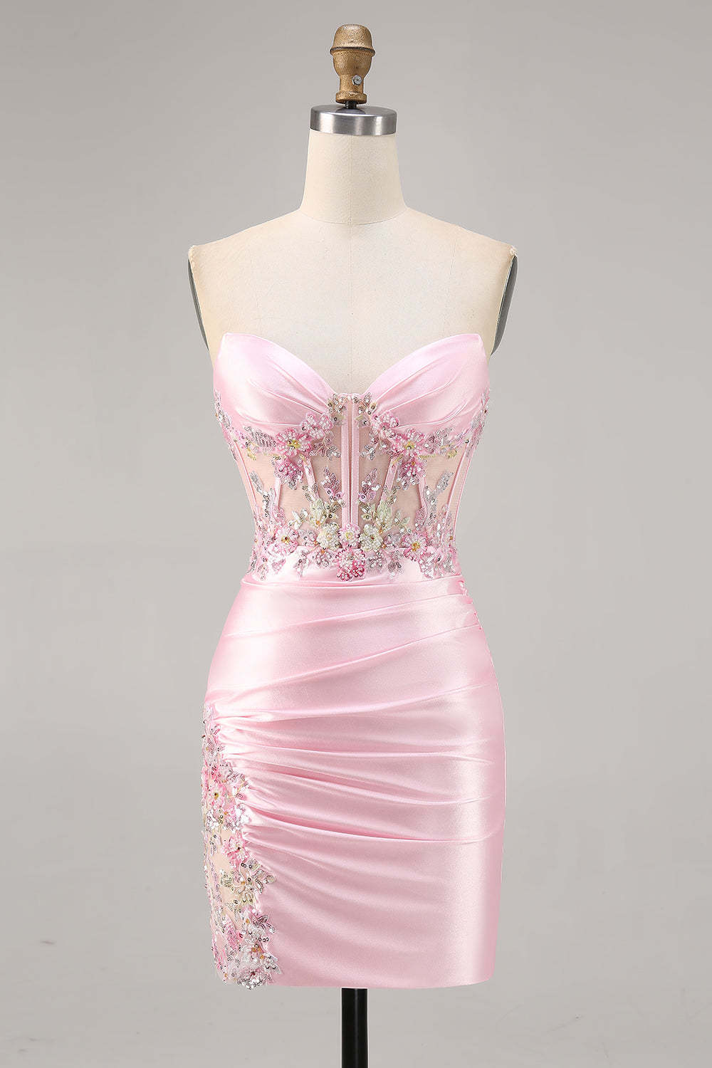 Leely Women Sparkly Candy Pink Satin Floral Corset Short Homecoming Dress Strapless Bodycon Ruched Sequins Lace Up Back Cocktail Dress